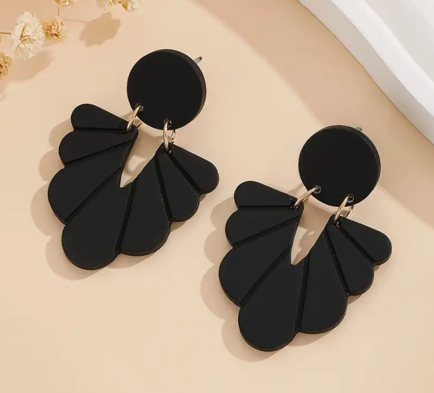 Black 3D Carved Floral Pattern Earrings, Soft Clay Texture