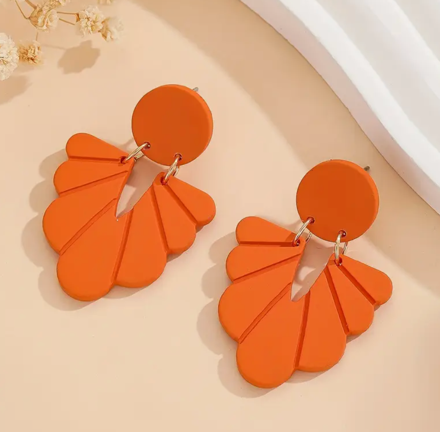 Orange 3D Carved Floral Pattern Earrings, Soft Clay Texture
