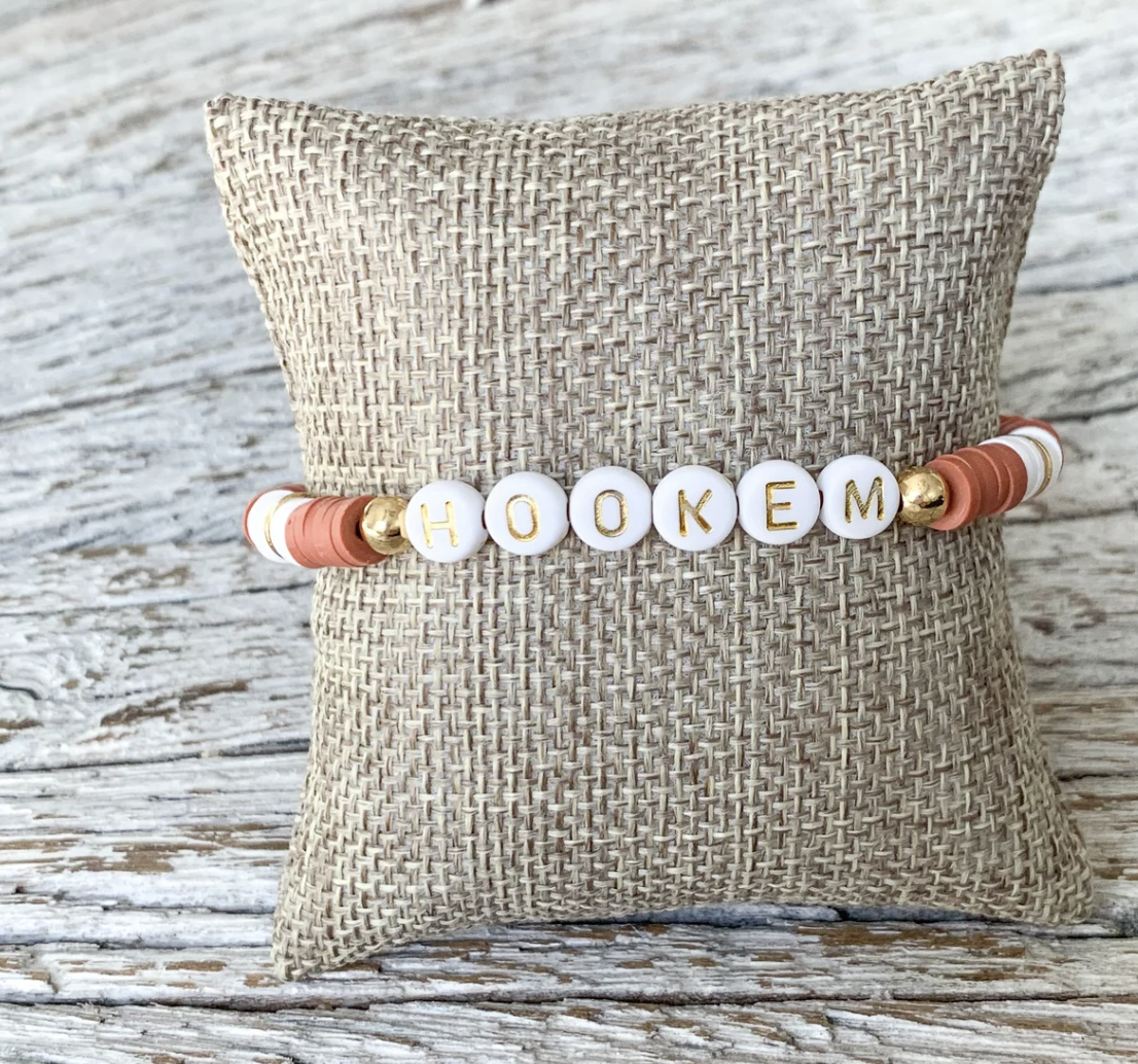 Hook ‘Em Horns Longhorns Custom Burnt Orange, Dark Orange, Gold, and White Heishi Elastic Bracelet