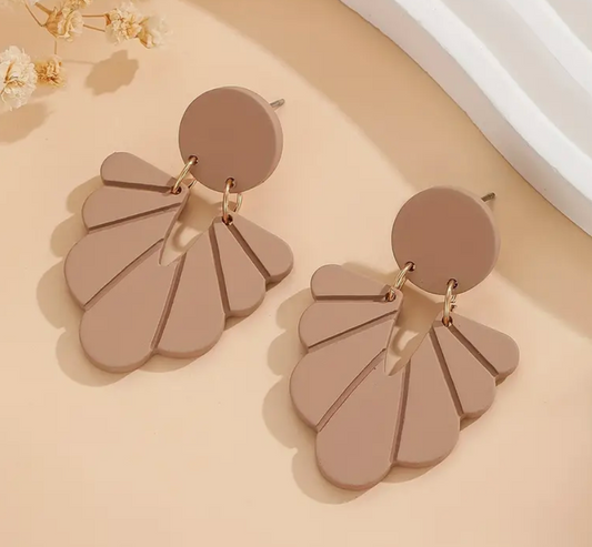 Tan 3D Carved Floral Pattern Earrings Soft Clay Texture