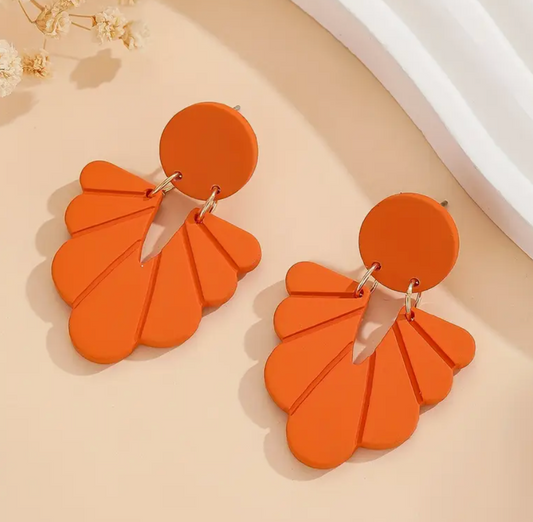 Orange 3D Carved Floral Pattern Earrings, Soft Clay Texture