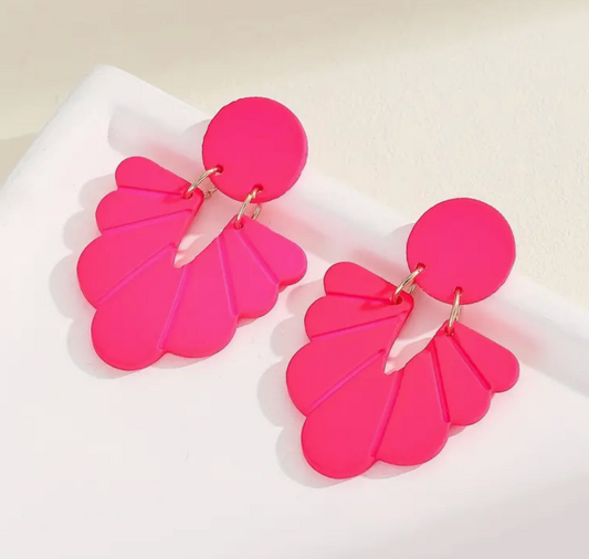 Hot Pink 3D Carved Floral Pattern Earrings, Soft Clay Texture