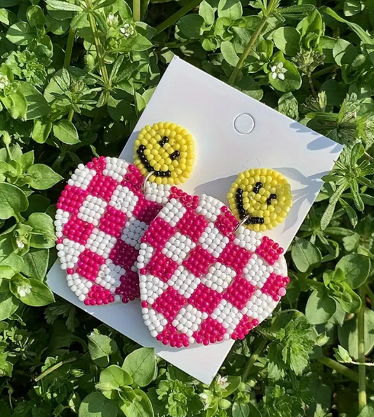 Smile Checkerboard Beaded Love Heart Dangle Earrings