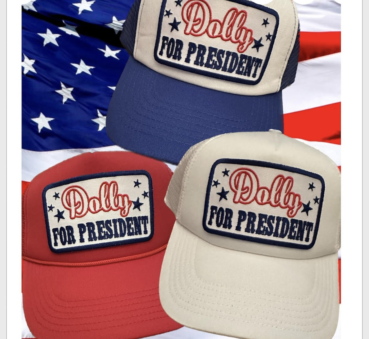 Dolly for President Patriotic 2024 Embroidered Patch Trucker Hat