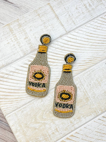 Vodka Bottle Beaded Dangle Earrings - Silver